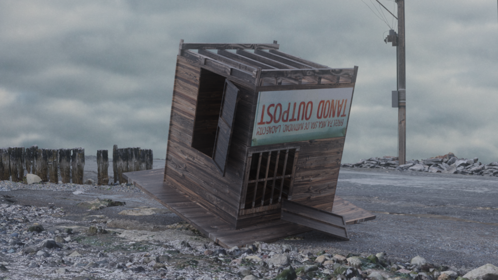 An digitally created image of an overturned wooden outpost close to the sea.